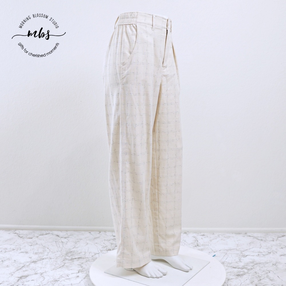 Madewell Pleated Windowpane Grid Plaid High Waist Wide Leg Pants Beige Women 2